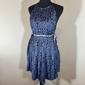 Free‎ People Mini Dress Blue Black Patterned Halter Tie Back Boho Casual